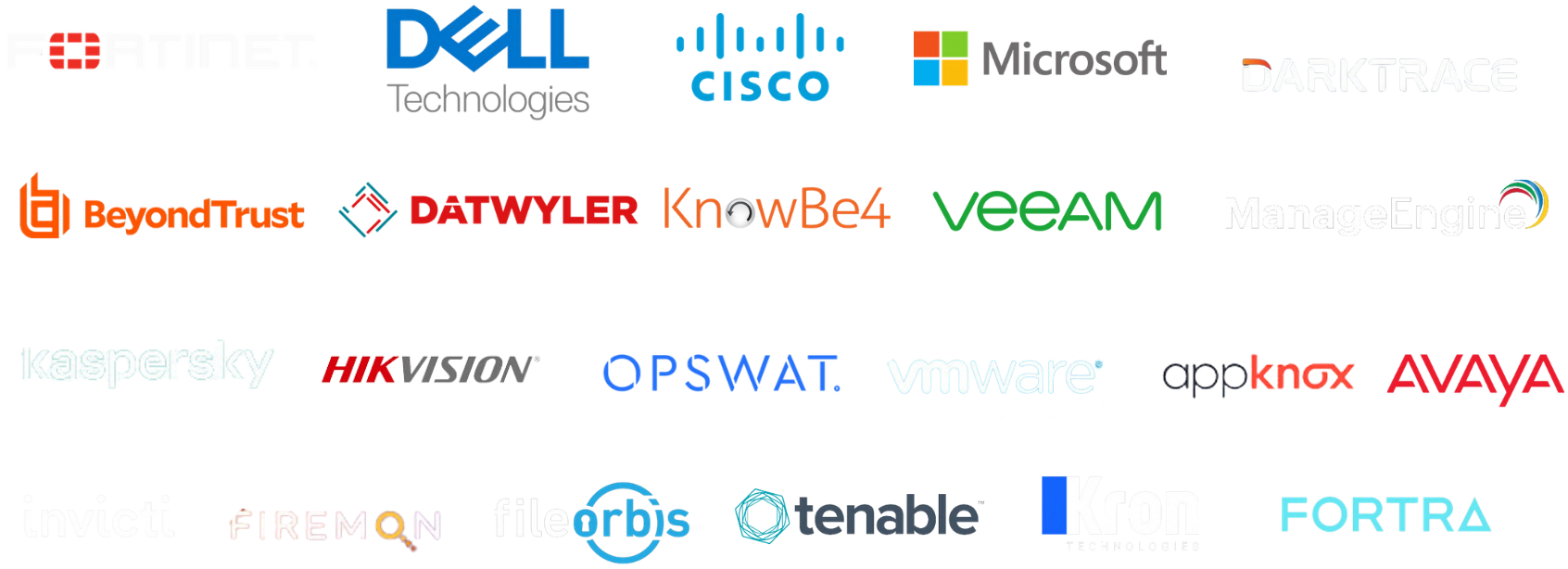 ITBuilders technology partners including Fortinet, Dell Technologies, Cisco, Microsoft, Darktrace, Veeam, Kaspersky, VMware, Avaya, Tenable and others